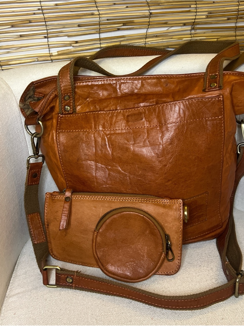 Vintage Berliner  Leather  Tote with Detachable crossbody strap and 2 Pouchs.